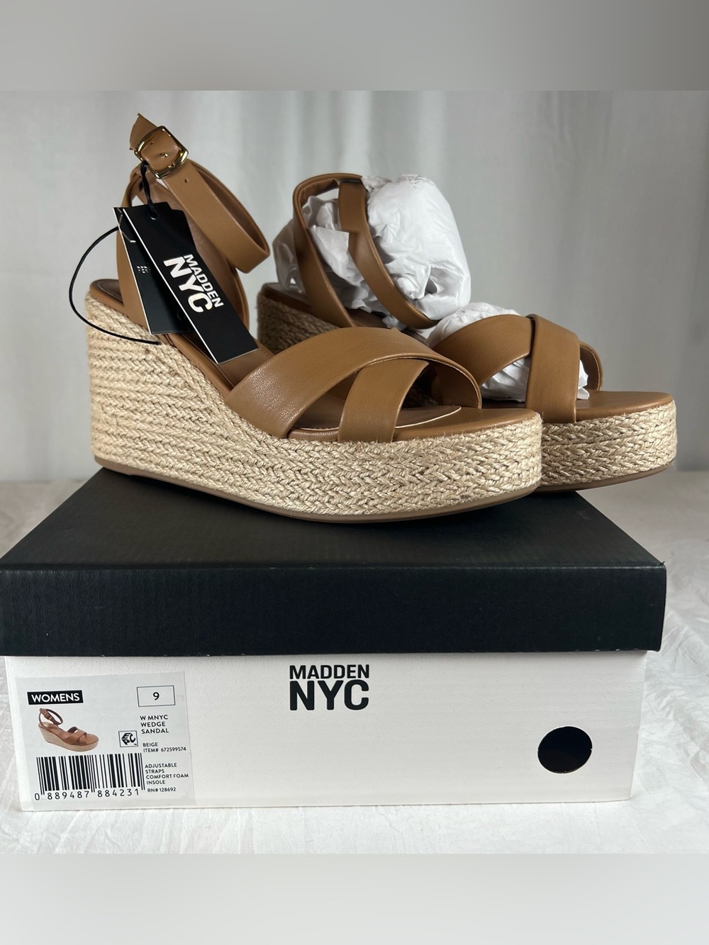 Madden NYC Women's sz9 BrownTan Ankle Wrap Espadrille Platform Wedge Sandals NEW